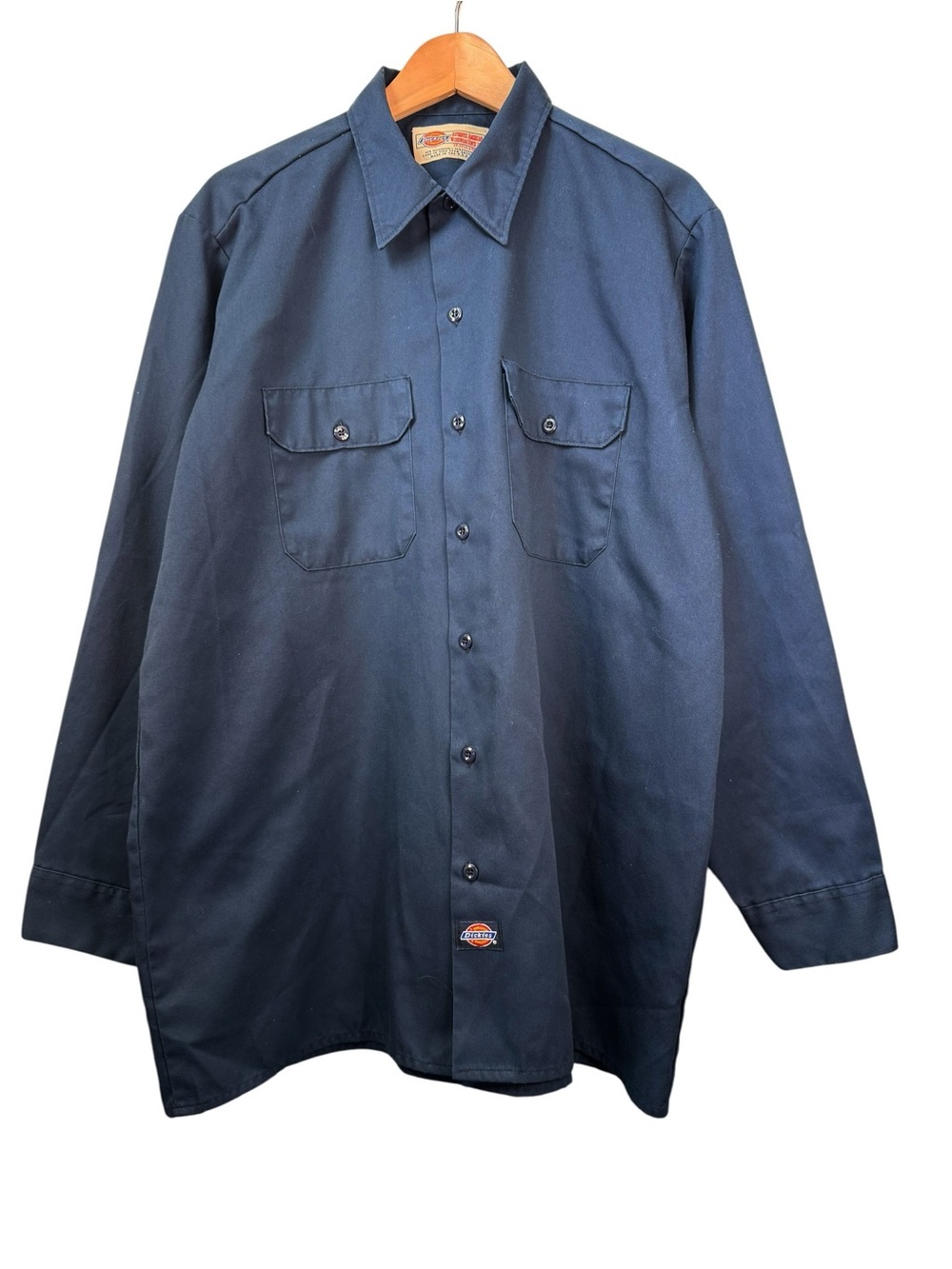 VTG Dickies Long Sleeve Button Up Work Shirt USA Navy Blue Workwear Uniform 90s